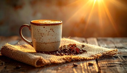 Rustic Coffee Mug with Star Anise and Beans in Warm Sunlight