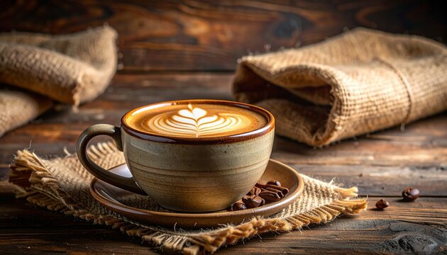 Latte art heart in ceramic cup with burlap and coffee beans on rustic wood