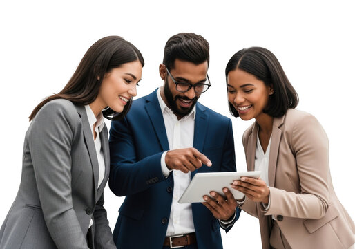 Diverse business team collaborating on tablet technology for success transparent background