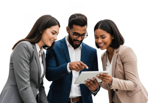 Diverse business team collaborating on tablet technology for success transparent background