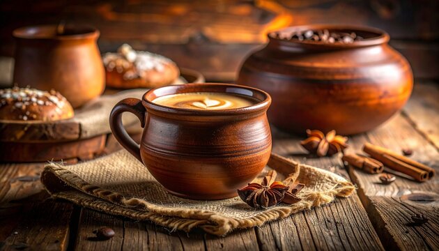 Rustic coffee still life with star anise and cinnamon on weathered wood