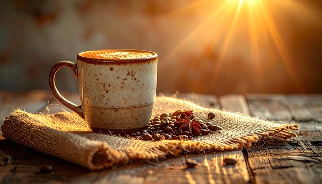 Rustic Coffee Mug with Star Anise and Beans in Warm Sunlight
