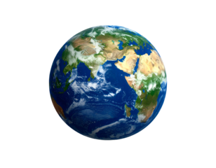 Spinning blue planet with continents, oceans, clouds