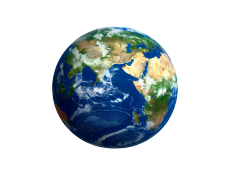 Spinning blue planet with continents, oceans, clouds