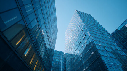Low angle view of modern blue glass buildings against a clear blue sky above them