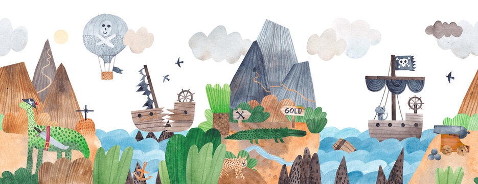 Cute pirate adventure. Decor for children's room. Watercolor illustration. Islands, pirates, ship, adventures.