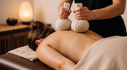 Woman receiving a back massage with herbal compress balls at a spa salon. Aromatherapy and traditional thai treatment for relaxation and wellness.