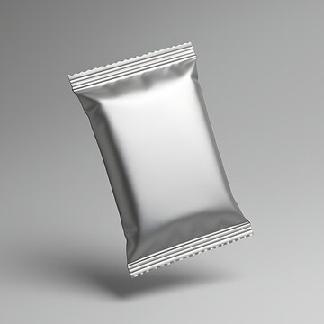 metallic snack pouch with crinkled edges, sealed top, blank surface, floating above gray gradient background