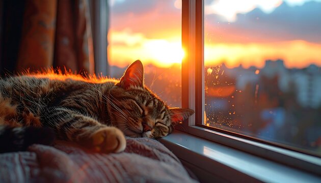 Cat sleeping near window, bathed in golden sunset light, urban skyline blurred in the background - Powered by Adobe