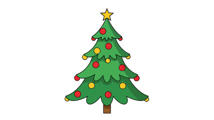 Fototapeta premium A cartoon Christmas tree adorned with red and yellow ornaments and a star
