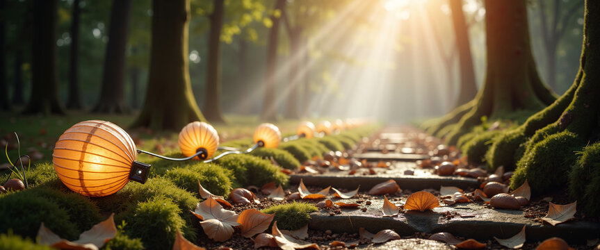String of lights illuminating winding path in bamboo grove at sunset