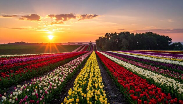 Colorful striped flower fields stretch into the distance beneath a vibrant sunset with glowing clouds