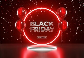 Black friday mega sale with neon circle and balloons