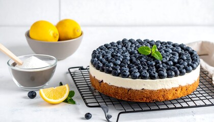Blueberry cake, lemons, and sugar adorn a bright white surface in a soft, inviting, and appetizing scene
