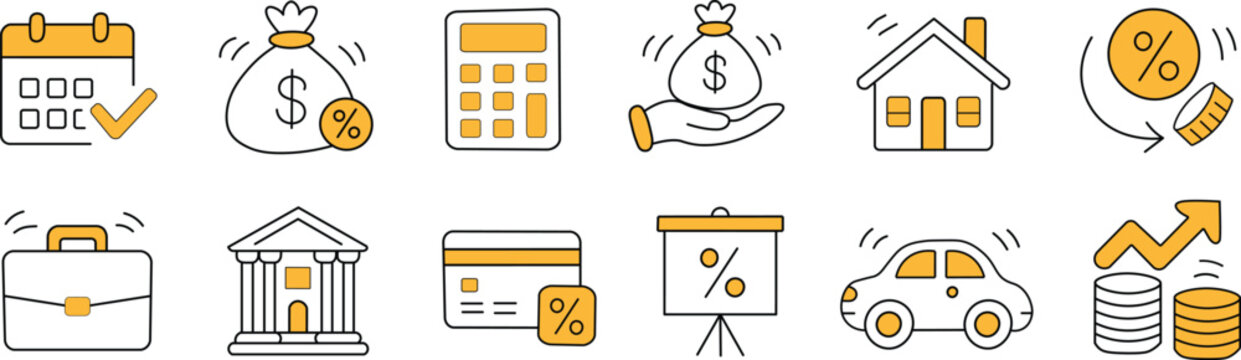 Doodle symbol set for loan interest rates.  A hand-drawn, doodle-style bank money loan interest rate icon for a house or automobile discount %.  trendy, adorable component.  Vector illustration