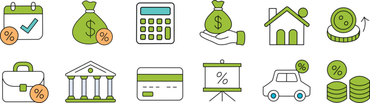 A doodle symbol set for loan interest rates.  The bank money loan interest rate icon for a house and a car discount percentage is a hand-drawn, doodle line style.  charming and trendy element.