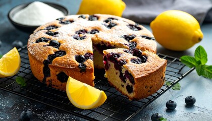 Blueberry lemon cake on a black rack, dusted with sugar. Bright slice removed, lemons and mint for garnish