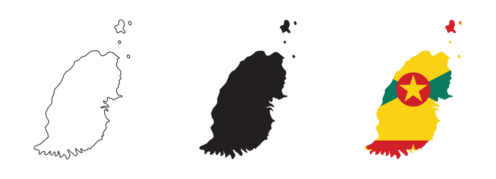 Grenada map vector with editable country outline, black silhouette and national flag featuring red yellow green with stars and nutmeg symbol for geography, education, travel, and Caribbean island