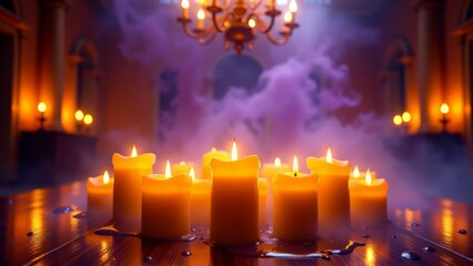 Haunted ballroom with candles and swirling smoke