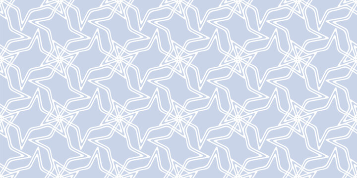 Vector seamless pattern with quirky outline star shapes, curved lines. Abstract linear background with lattice grid. Light blue and white texture. Stylish modern repeating design for textile, decor