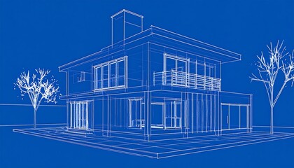 Blueprint of a two-story modern house with trees, rendered on a blue background, showcasing the architecture