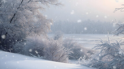 Snow covered trees in a foggy winter forest