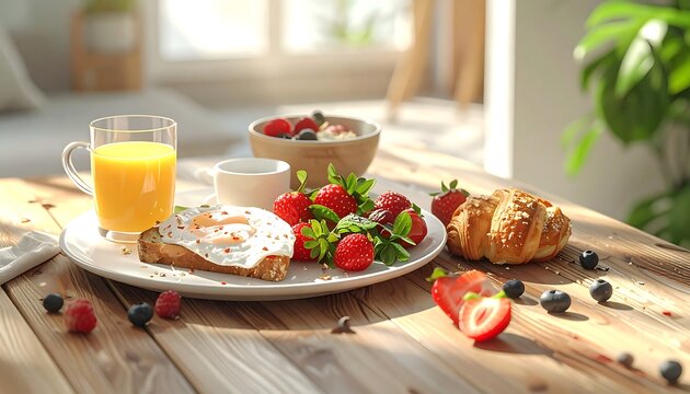 Bright, sunny breakfast on a wooden table with juice, toast, berries, and a croissant, in front of a window