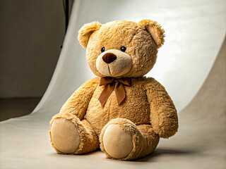 Soft teddy bear sitting on a plain surface, showcasing its plush texture
