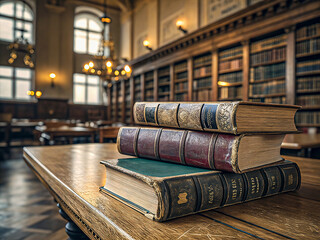 Stack of old books resting on wooden table in library