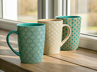 Teal And Beige Mugs With Geometric Patterns On Wooden Surface Near Window