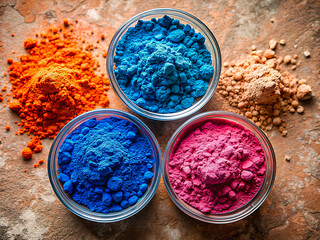 Textured Powder Pigment in Blue Pink and Orange on Beige Background