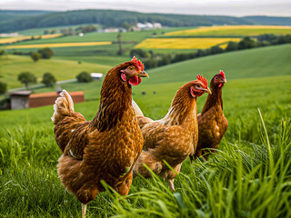 Three hens standing in green grass on a farm