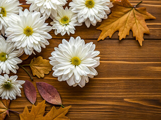 White daisies and dry autumn leaves lying on wooden table