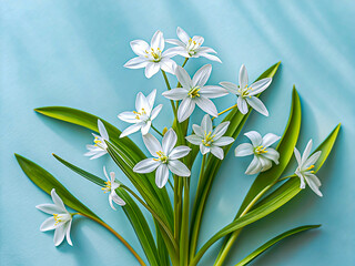 White spring starflowers blooming with green leaves on light blue background