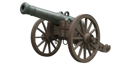 Old antique cannon on wheels isolated on transparent background