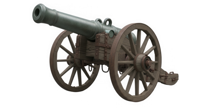 Old antique cannon on wheels isolated on transparent background
