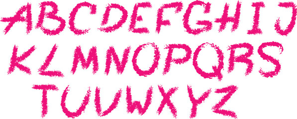 Handwritten pink alphabet letters from a to z displayed in three rows on a white background