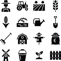 A collection of black and white icons representing various aspects of farming and agriculture, including tools, crops, structures, and people.