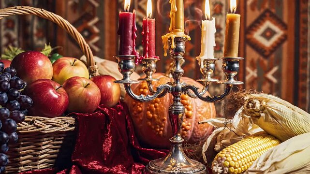 Thanksgiving Still Life with Candles Fruits and Vegetables on Red Cloth Table