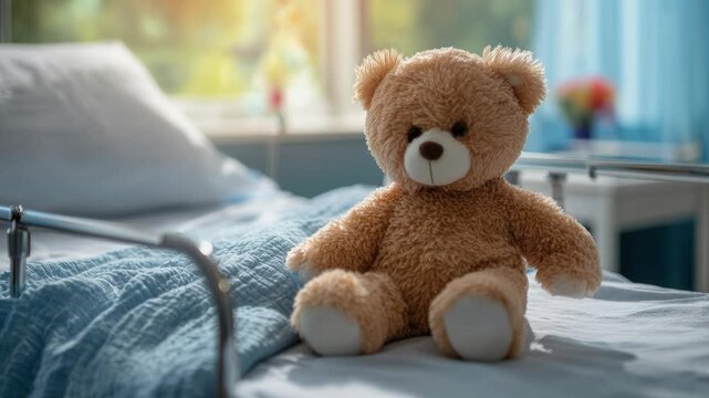 teddy bear on hospital bed soft brown plush wearing red scarf sits alone on rumpled blue blanket in pediatric ward soft morning light shallow depth of field
