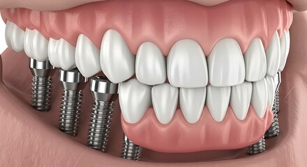 Obraz premium Removable mandibular prosthesis All on 4 system supported by implants. Medically accurate 3D illustration of human teeth and dentures concept