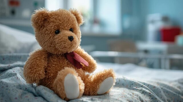 teddy bear on hospital bed soft brown plush wearing red scarf sits alone on rumpled blue blanket in pediatric ward soft morning light shallow depth of field
