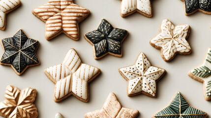 Decorated star-shaped cookies on a light background