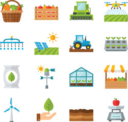 Flat design icons illustrating modern agriculture, farming, food production, and sustainable technology practices.