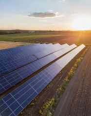 Sunset over Farmland Solar Array, Sustainable Energy