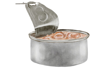 Canned tuna fillet watercolor. Hand-drawn packed ocean fish on a white background. Food clip art. Perfect for restaurant menu recipe books and Japanese cuisine.