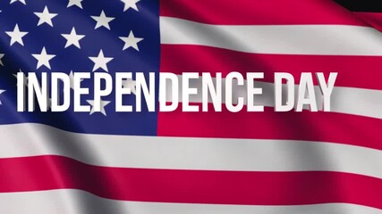 Waving American flag with bold "Happy Independence Day" text celebrating Fourth of July. Patriotic tribute to freedom, liberty, and national pride in United States