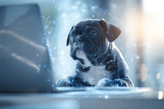 Charming puppy at work: a morning of joyful discovery. Benefits of 5g. 5g technology unlocks new possibilities in remote collaboration. Data transmission speed. Puppy study.