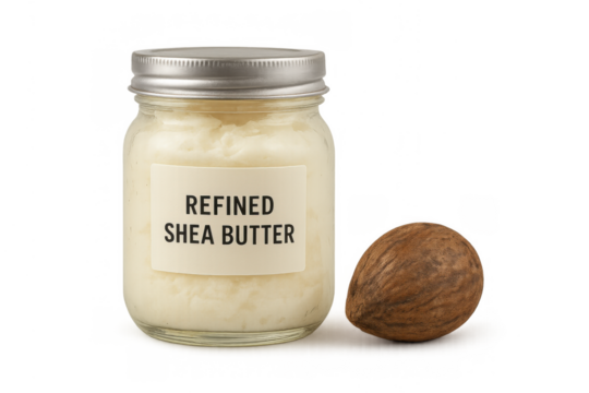 Refined shea butter jar and dry vitellaria paradoxa nut developing natural skincare, beauty, and cosmetic concepts