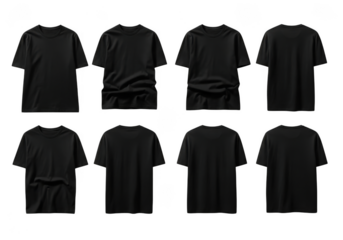 Collection of eight plain black t-shirts displayed from multiple angles transparent background
